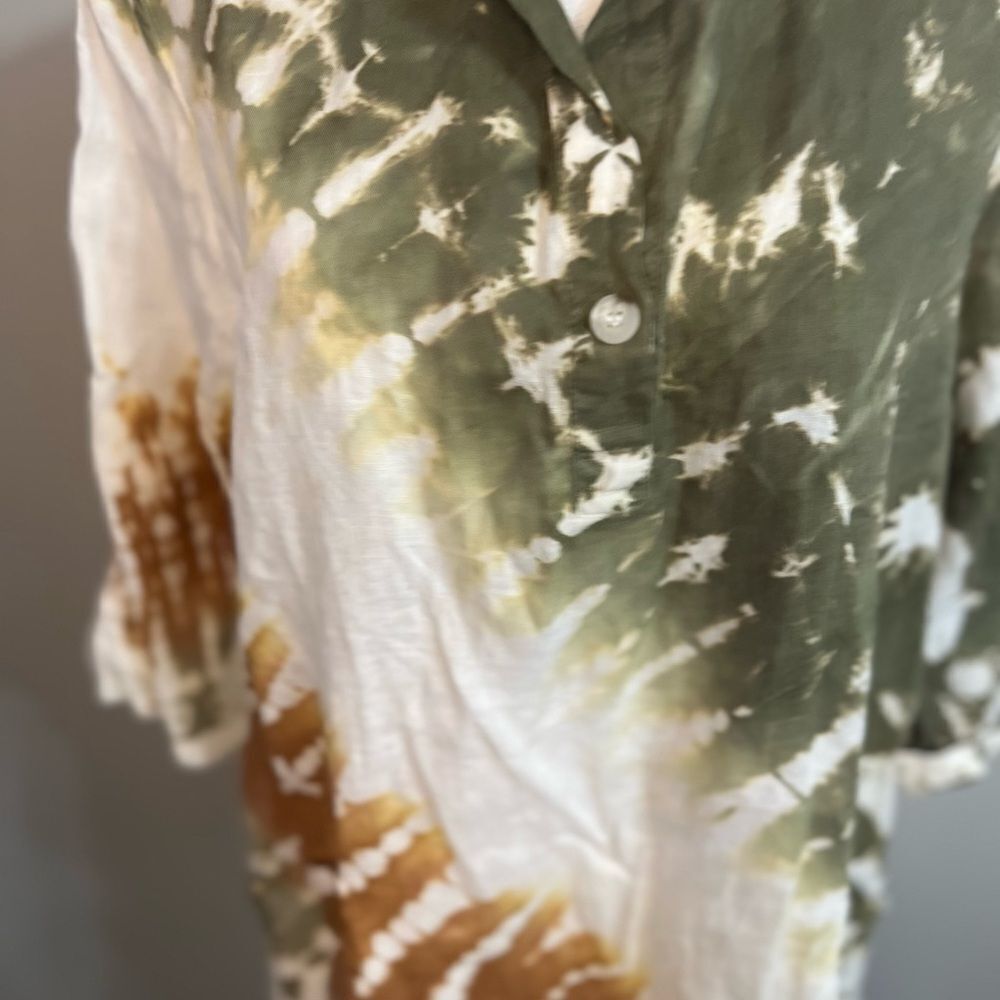 Xovi Linen Shirt Green Medium Tie Dye Tunic Length Pockets Convert Sleeves - Picture 3 of 13